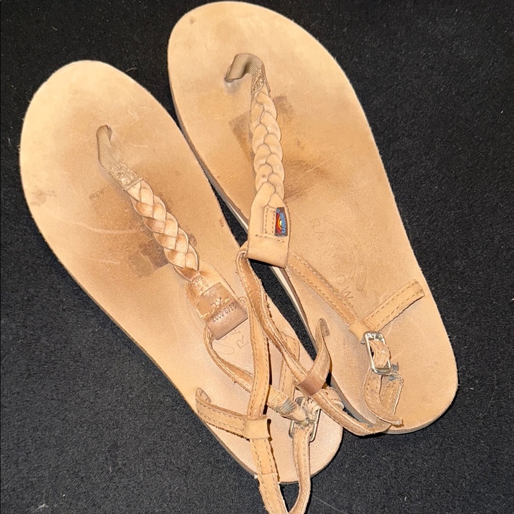 Rainbow Tan Sandals with Flat Sole and Thong Design